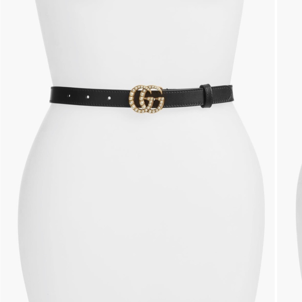 Gucci Black Leather Belt with Gold Pearl Buckle